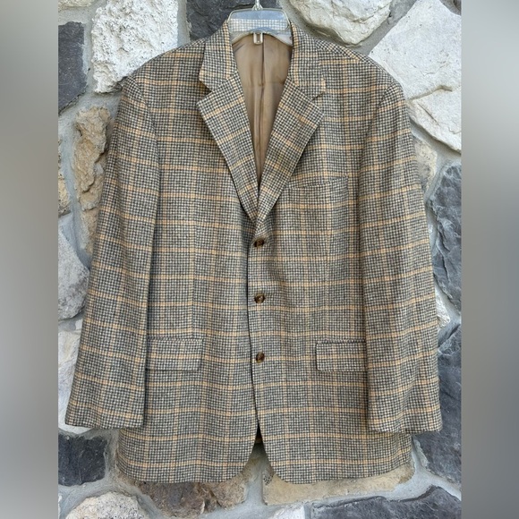 Brooks Brothers Mens Houndstooth Plaid Blazer Jacket Size 43R 100% Camel Hair